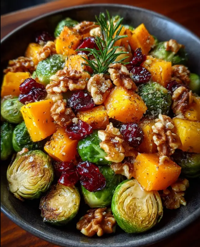 Roasted Brussels Sprouts & Butternut Squash with Maple Walnuts & Cranberries