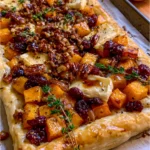Roasted Butternut Squash & Caramelized Onion Tart with Brie, Cranberries & Maple Pecans
