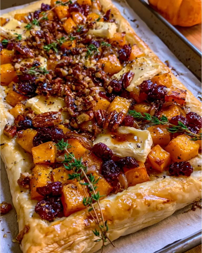 Roasted Butternut Squash & Caramelized Onion Tart with Brie, Cranberries & Maple Pecans