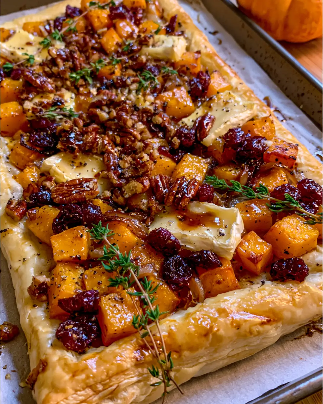Roasted Butternut Squash & Caramelized Onion Tart with Brie, Cranberries & Maple Pecans