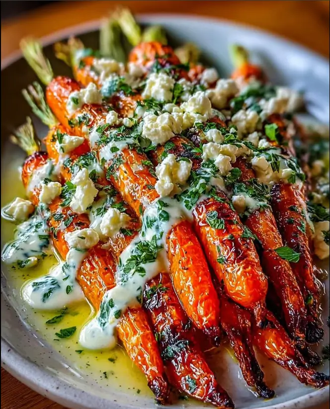 Roasted Garlic Butter Carrots with Lemon Feta Sauce