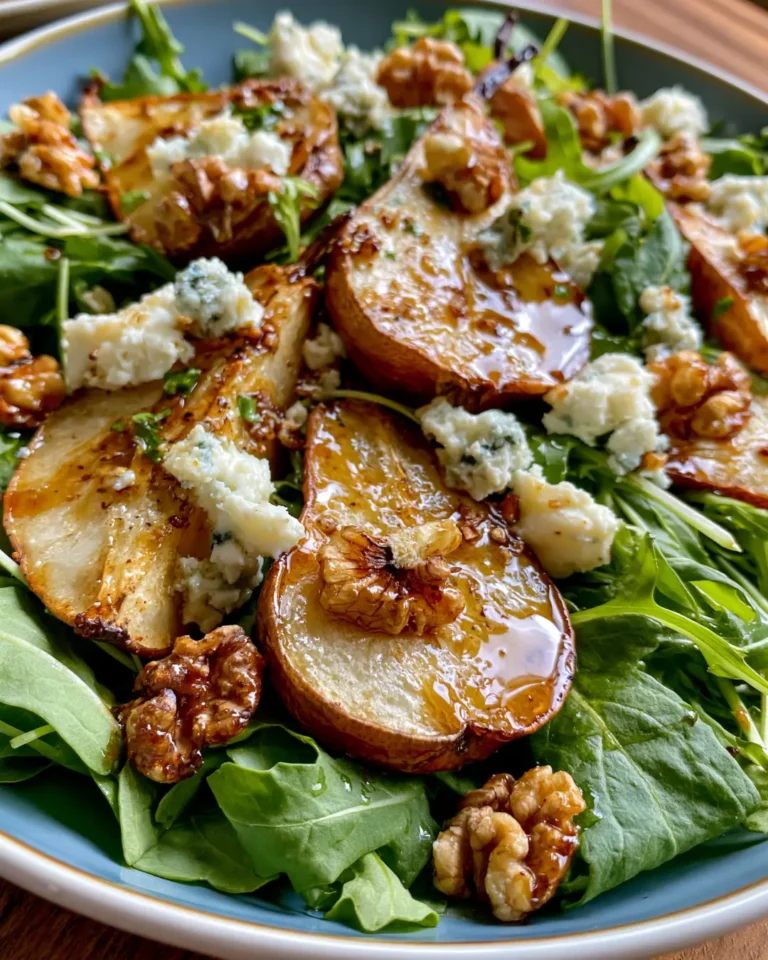 Roasted Pear & Blue Cheese Salad with Rocket, Walnuts & Honey Balsamic Dressing