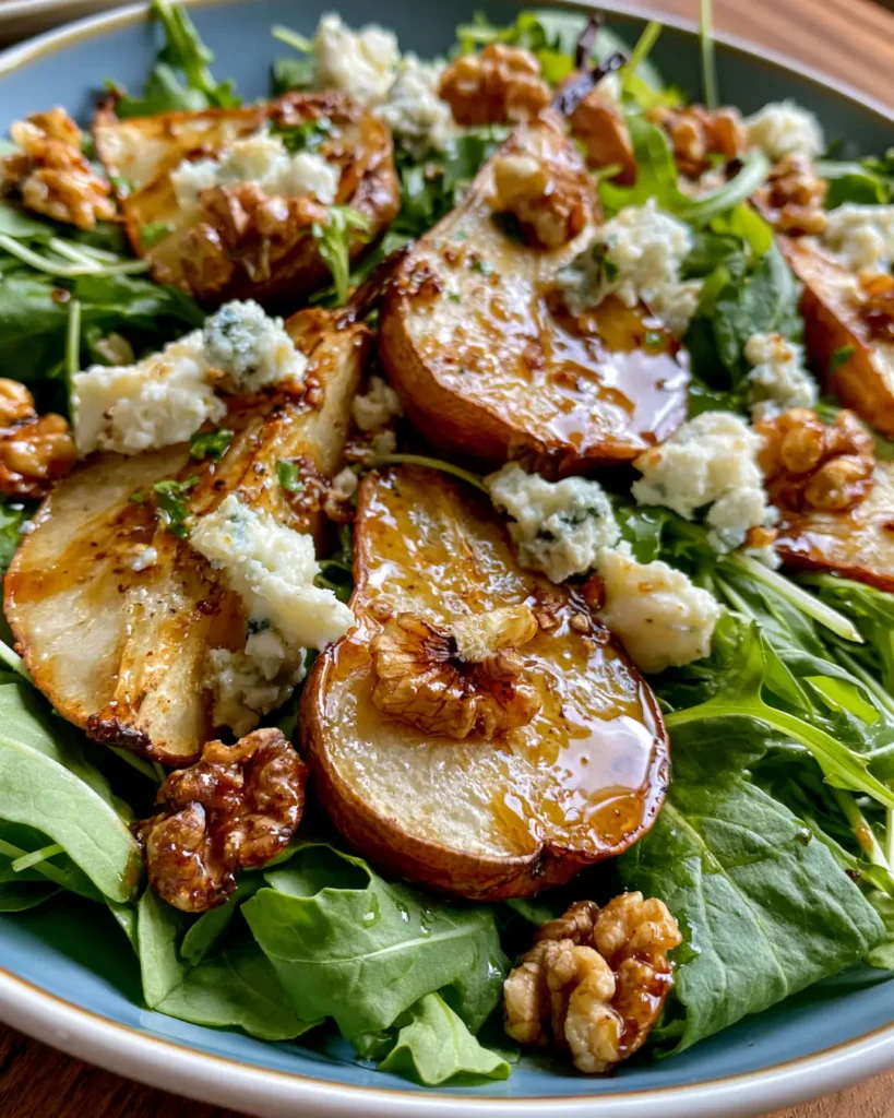 Roasted Pear & Blue Cheese Salad with Rocket, Walnuts & Honey Balsamic Dressing