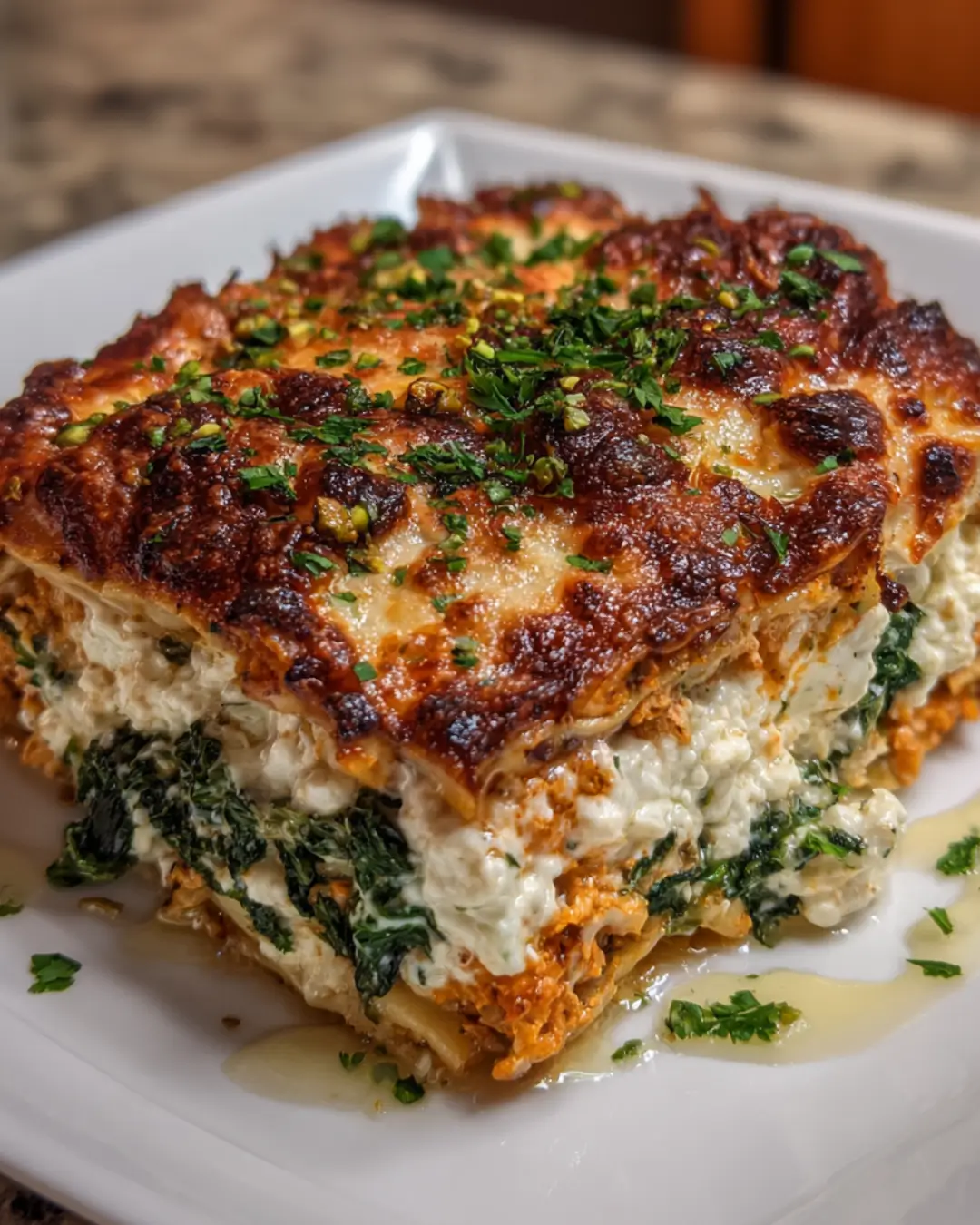 Roasted Pumpkin & Kale Lasagna with Whipped Ricotta, Pistachios & Maple Honey Glaze