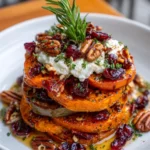 Roasted Pumpkin & Sweet Potato Stack with Whipped Feta, Cranberries, Pecans & Honey Herb Glaze