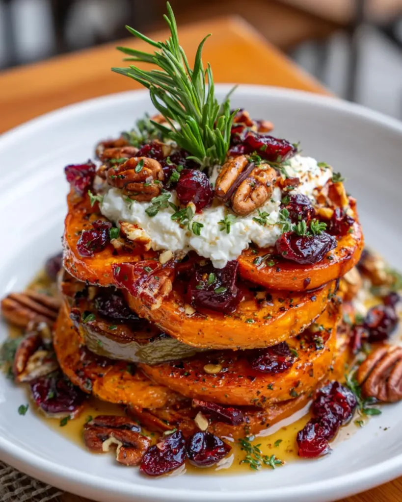 Roasted Pumpkin & Sweet Potato Stack with Whipped Feta, Cranberries, Pecans & Honey Herb Glaze