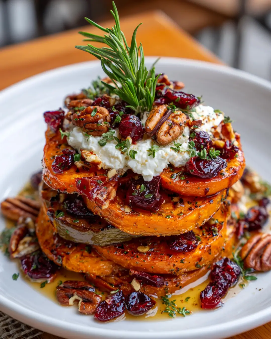 Roasted Pumpkin & Sweet Potato Stack with Whipped Feta, Cranberries, Pecans & Honey Herb Glaze