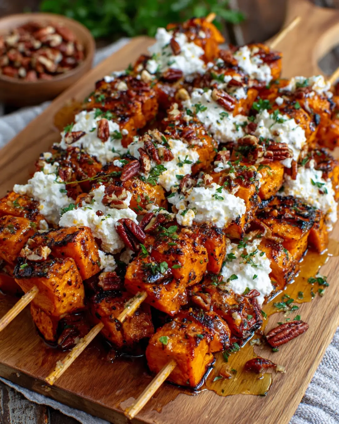 Roasted Sweet Potato Skewers with Whipped Feta, Toasted Pecans & Hot Honey Glaze