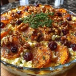 Roasted Sweet Potato & Feta Gratin with Caramelized Walnuts & Cranberry Glaze