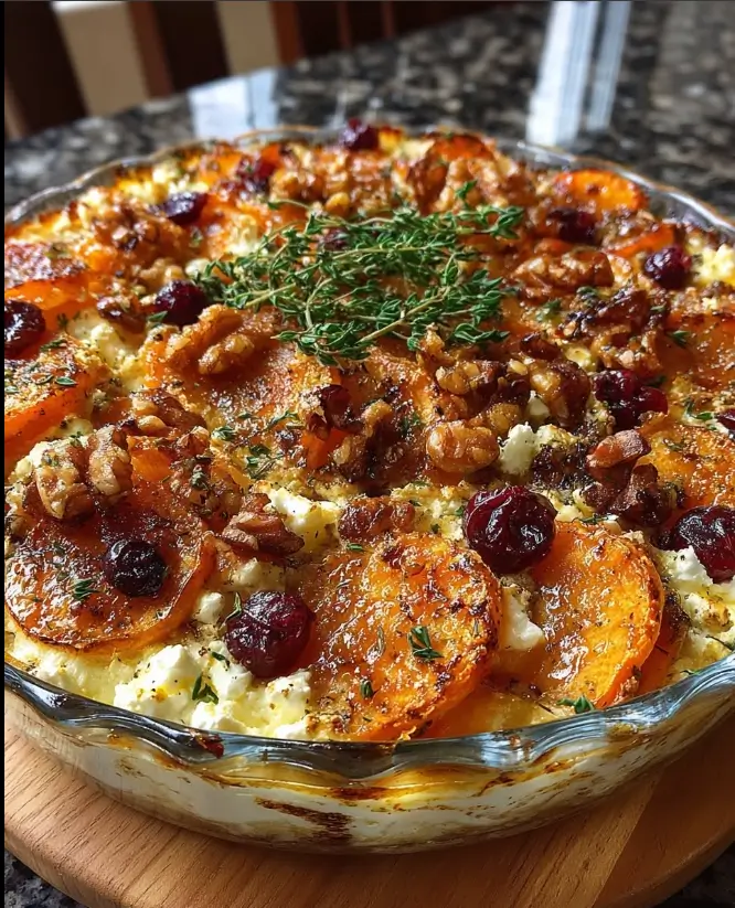 Roasted Sweet Potato & Feta Gratin with Caramelized Walnuts & Cranberry Glaze