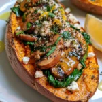 Roasted Sweet Potatoes Stuffed with Garlic Mushrooms, Feta & Spinach with a Lemon Herb Drizzle