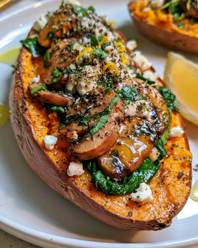 Roasted Sweet Potatoes Stuffed with Garlic Mushrooms, Feta & Spinach with a Lemon Herb Drizzle