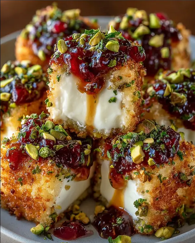 Pistachio-Crusted Brie Bites with Raspberry Honey Glaze