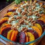 Mediterranean Layered Beet, Sweet Potato & Feta Gratin with Walnuts