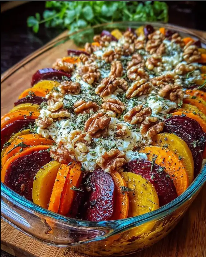 Mediterranean Layered Beet, Sweet Potato & Feta Gratin with Walnuts