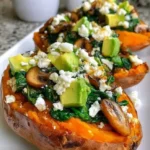 Stuffed Sweet Potatoes with Spinach, Avocado, Mushrooms & Feta