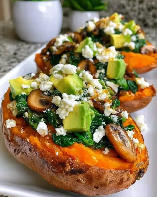 Stuffed Sweet Potatoes with Spinach, Avocado, Mushrooms & Feta