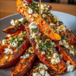 Crispy Roasted Sweet Potato Wedges with Feta & Hot Honey Drizzle