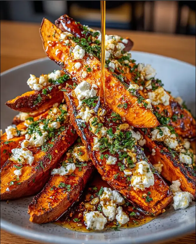 Crispy Roasted Sweet Potato Wedges with Feta & Hot Honey Drizzle