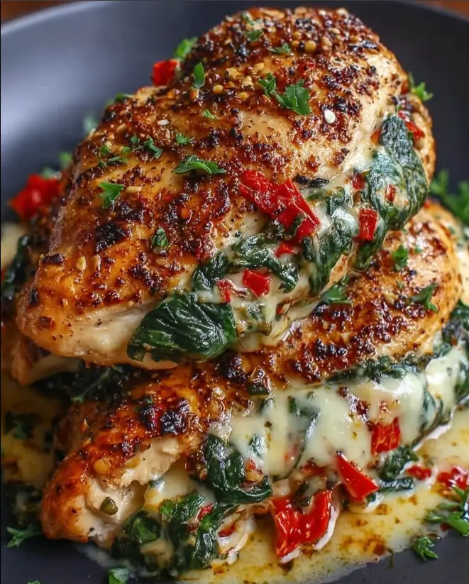 Roasted Red Pepper, Spinach, and Mozzarella Stuffed Chicken