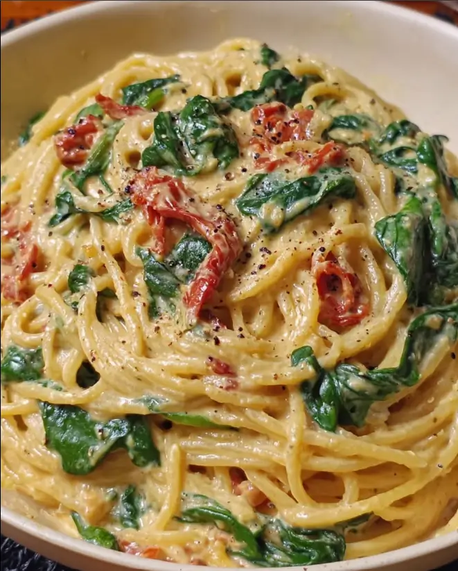 Spaghetti & Spinach with Sun-Dried Tomato Cream Sauce