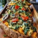 Stuffed Sweet Potatoes with Spinach, Mushroom, Feta & Lemon Tahini Dressing