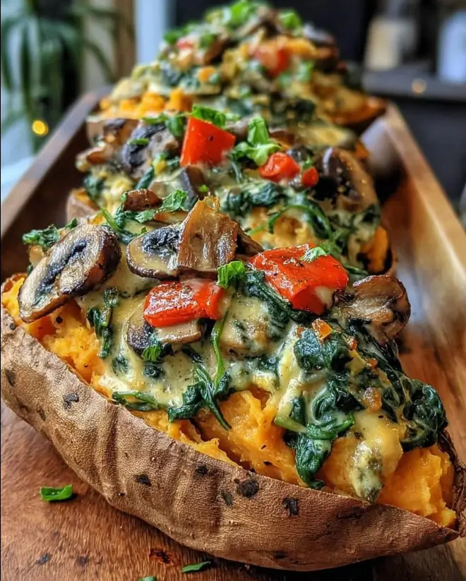 Stuffed Sweet Potatoes with Spinach, Mushroom, Feta & Lemon Tahini Dressing