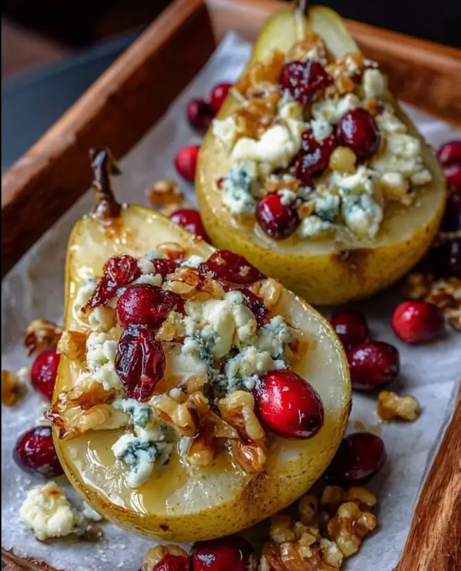 Baked Pears with Cranberries, Honey, Walnuts & Blue Cheese