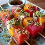 Peach, Watermelon & Feta Cubes with Hot Honey-Mint Drizzle