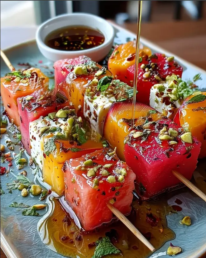 Peach, Watermelon & Feta Cubes with Hot Honey-Mint Drizzle
