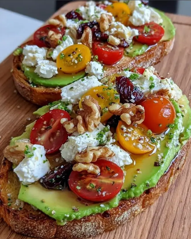 Avocado Toast with Feta, Cherry Tomatoes, Cranberries, and Walnuts