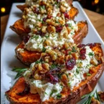 Loaded Roasted Sweet Potato Boats with Garlic Whipped Feta, Candied Walnuts & Cranberry Drizzle