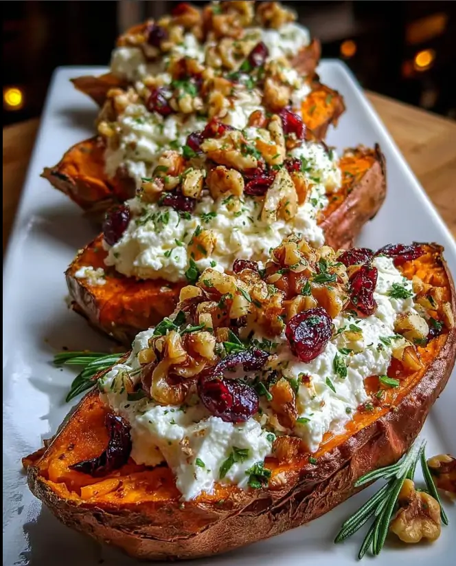 Loaded Roasted Sweet Potato Boats with Garlic Whipped Feta, Candied Walnuts & Cranberry Drizzle