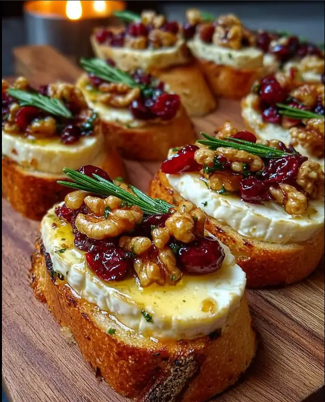 Warm Brie & Cranberry Walnut Crostini with Hot Honey