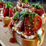 Crostini with Whipped Brie, Roasted Strawberries, Black Pepper & Hot Honey Basil Drizzle