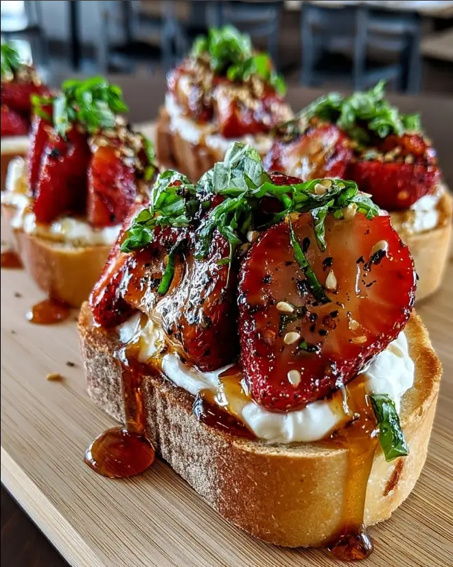 Crostini with Whipped Brie, Roasted Strawberries, Black Pepper & Hot Honey Basil Drizzle