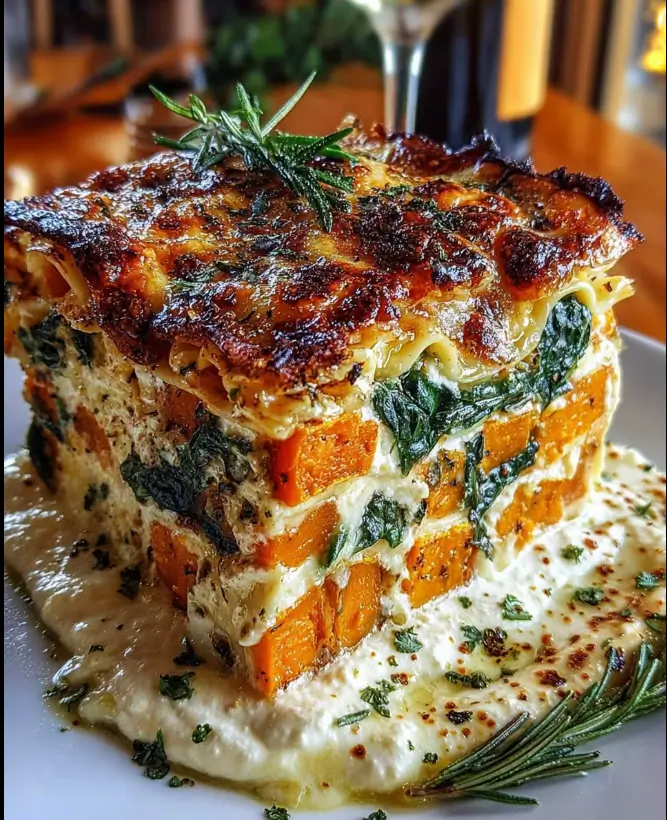 Layered Pumpkin, Sweet Potato & Spinach Lasagna with Whipped Ricotta & Brown Butter