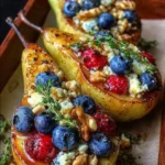 Baked Pears with Berries, Honey, Walnuts & Blue Cheese