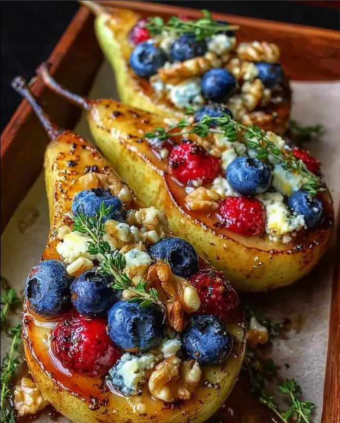Baked Pears with Berries, Honey, Walnuts & Blue Cheese
