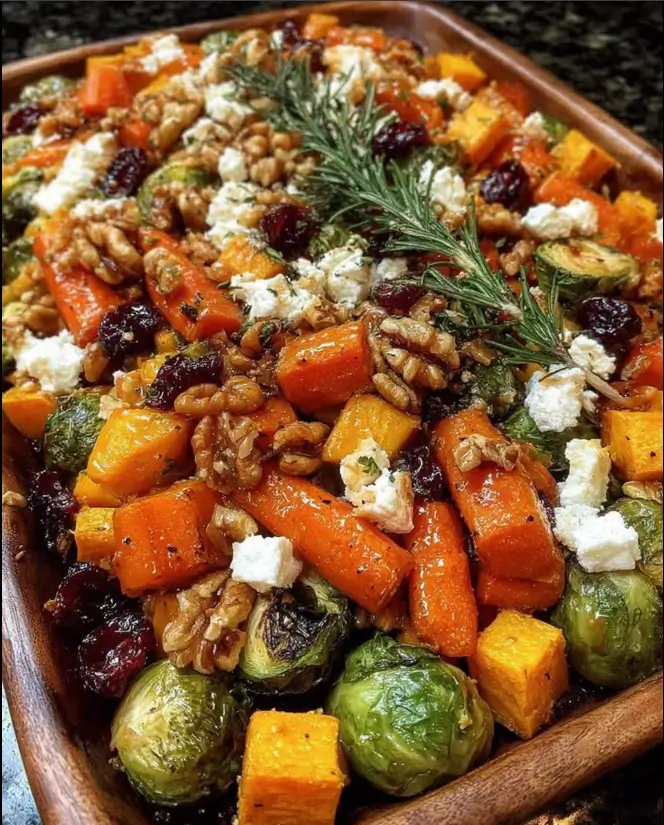 Caramelized Butternut Squash, Carrots, Brussels Sprouts & Sweet Potato with Feta, Walnuts & Cranberry-Honey Glaze