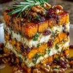 Layered Sweet Potato, Butternut Squash, Carrot Lasagna with Feta, Walnuts & Cranberry-Honey Glaze