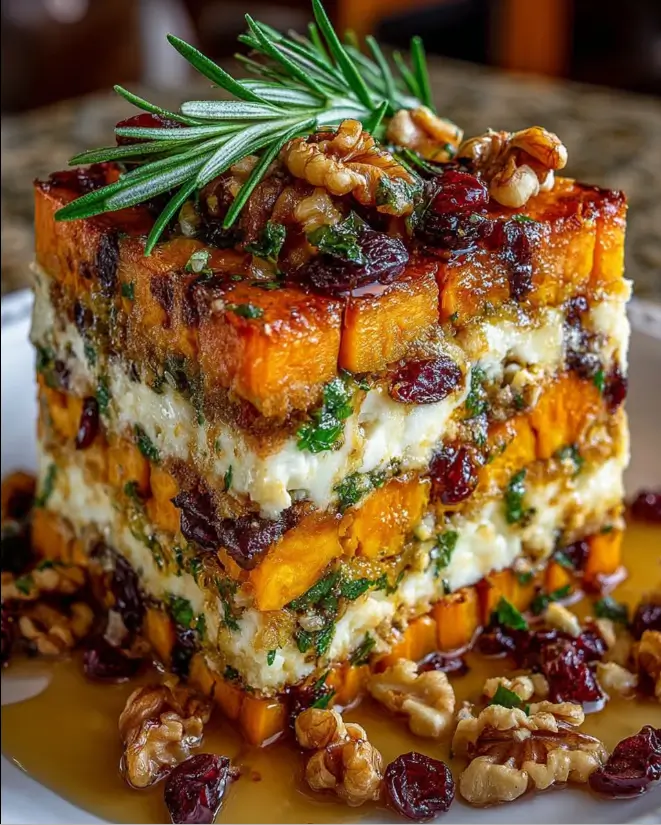 Layered Sweet Potato, Butternut Squash, Carrot Lasagna with Feta, Walnuts & Cranberry-Honey Glaze