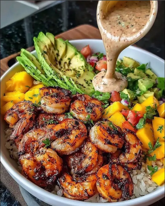 Shrimp and Avocado Bowls with Mango Salsa & Lime-Chili Sauce