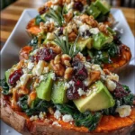 Stuffed Sweet Potatoes with Spinach, Avocado, Mushrooms, Feta, Walnuts & Sticky Cranberry Maple