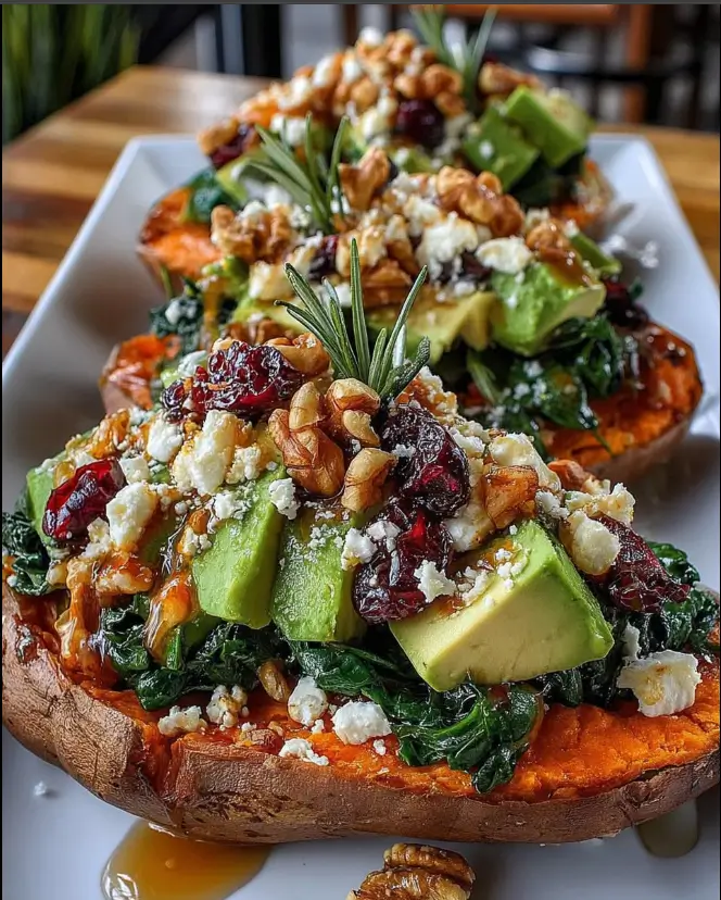 Stuffed Sweet Potatoes with Spinach, Avocado, Mushrooms, Feta, Walnuts & Sticky Cranberry Maple