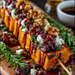 Golden Sweet Potato Skewers with Feta, Walnuts & Sticky Cranberry Maple