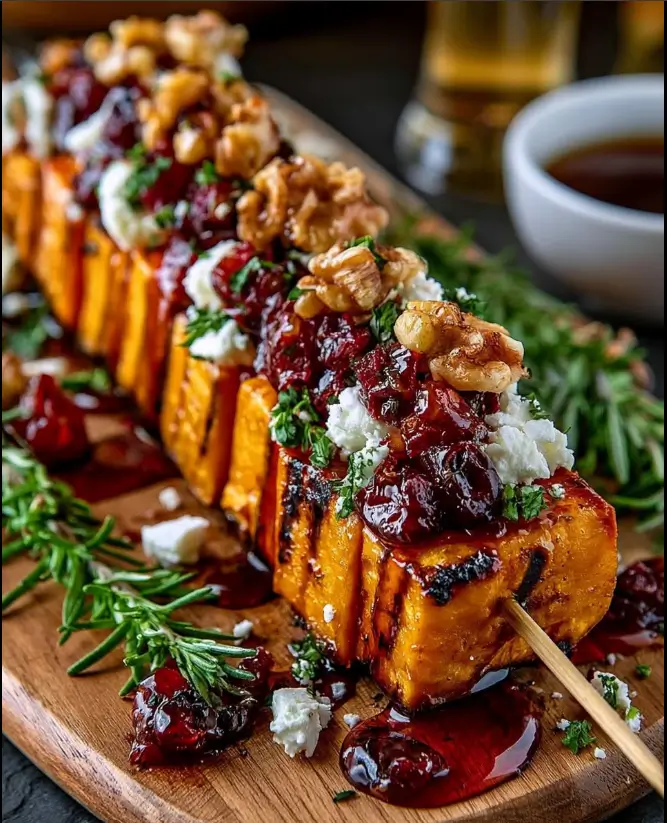 Golden Sweet Potato Skewers with Feta, Walnuts & Sticky Cranberry Maple