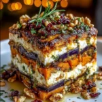 Layered Sweet Potato & Eggplant Lasagna with Whipped Feta, Walnuts & Cranberry Honey Drizzle