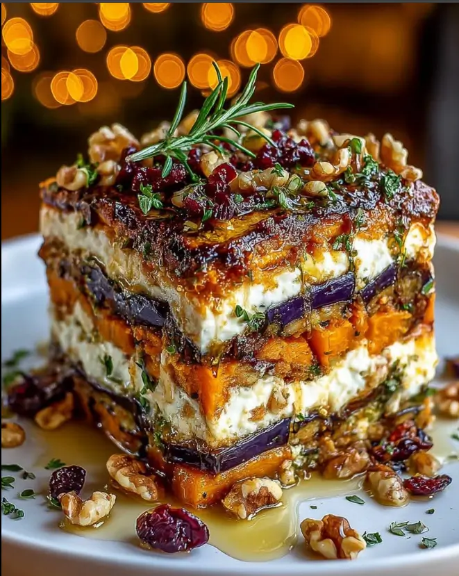 Layered Sweet Potato & Eggplant Lasagna with Whipped Feta, Walnuts & Cranberry Honey Drizzle