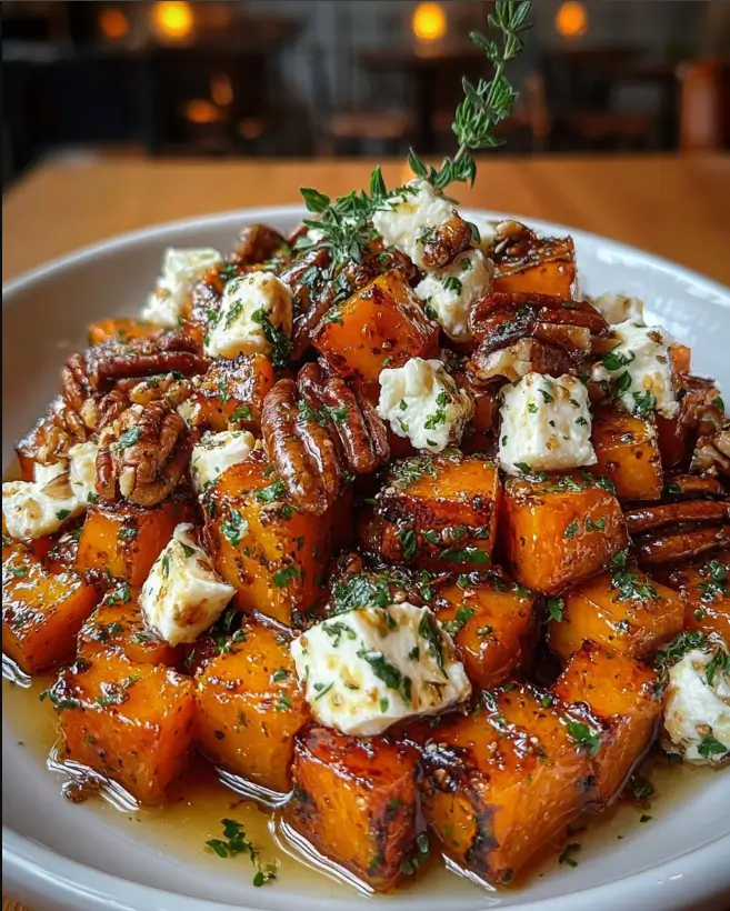 Caramelized Butternut Squash with Brie & Hot Honey Pecans